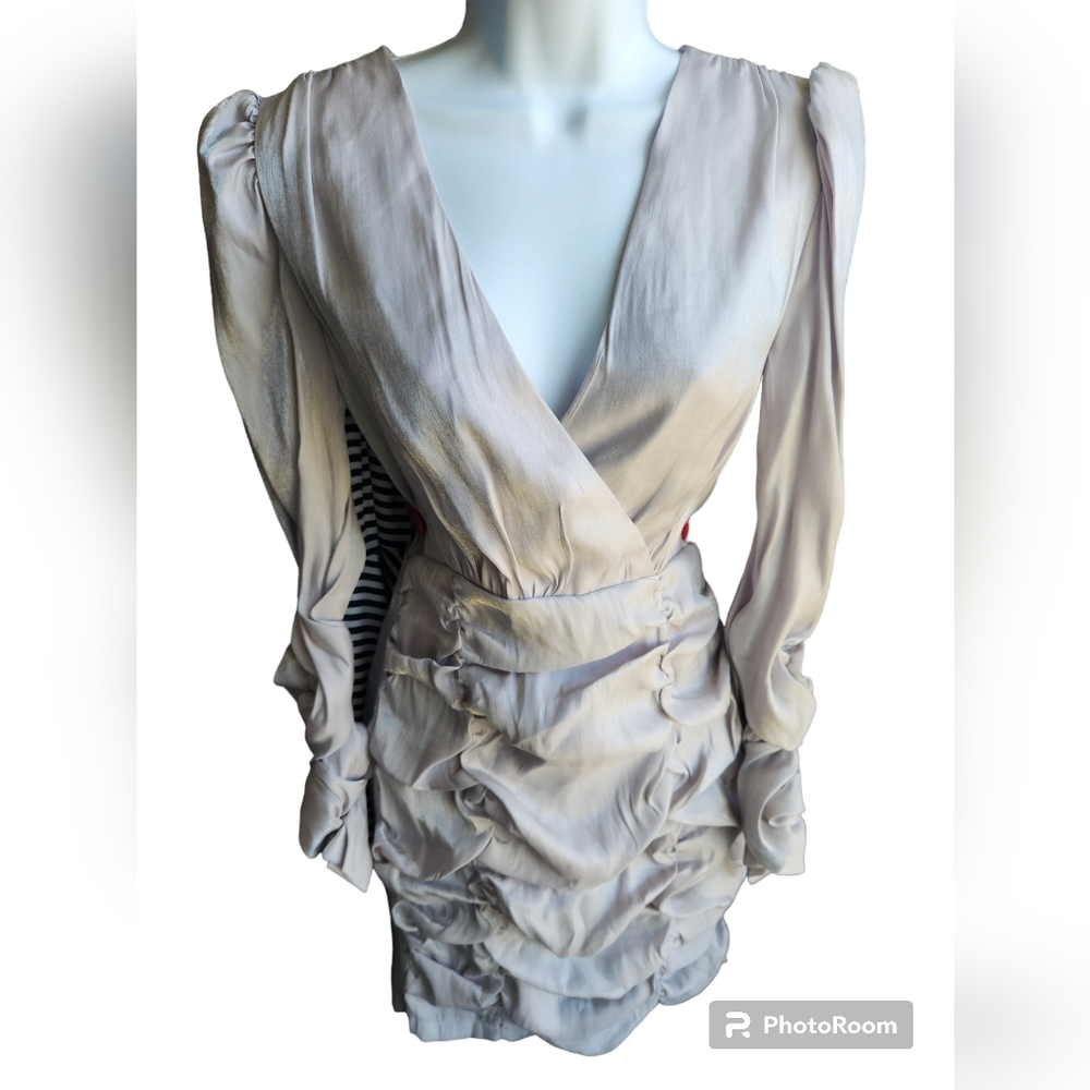 NWT Nasty Gal Collection Shimmer Ruched Mini Dress Silver Long Sleeve Size 6